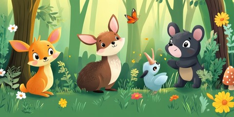 Naklejka premium Cute animals in a green forest.