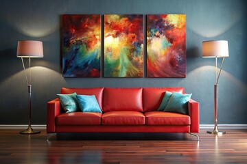 bright abstract triptych painting above red sofa with pillows