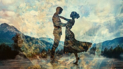 Fototapeta premium Silhouettes of couple dancing in a misty mountain landscape.