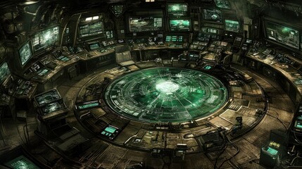Obraz premium Futuristic Control Room with Green Interface Displays