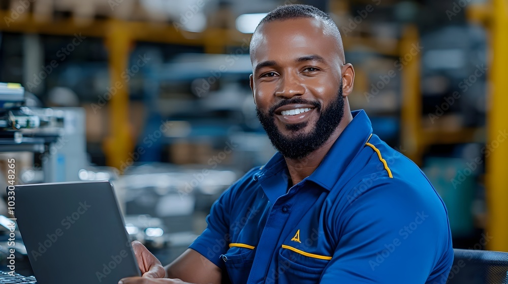 Aufkleber an engineer in a blue jumpsuit using a laptop to monitor and track inventory in a modern high tech w