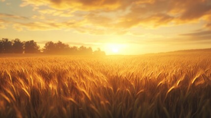 Fototapeta premium Golden wheat field bathed in sunset light.