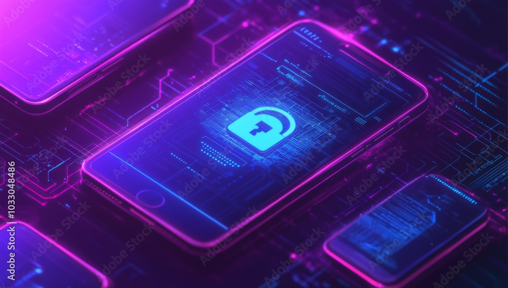 Poster a glowing padlock icon on a smartphone screen, symbolizing digital security and data protection.