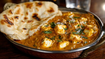 A detailed shot of paneer curry and garlic naan, highlighting the richness of the sauce and the crispy, soft texture of the bread