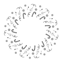 Striped Candy cane, snowflakes abstract stars and Christmas tree decorations Circle Frame border
