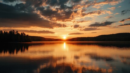 Fototapeta premium Sunset over still lake, reflecting fiery sky.