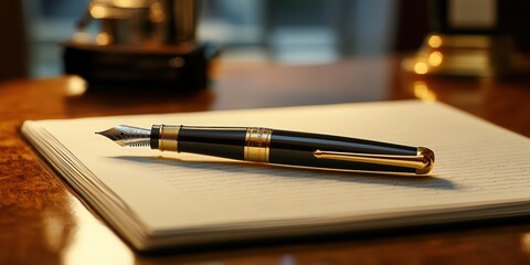 Fototapeta premium A golden fountain pen rests on a notebook.