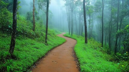 Obraz premium Misty Pathway Through Lush Green Forest Landscape