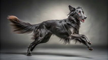 Obraz premium Black Dog Long Exposure Photography on Gray Background with Copy Space for Pet Lovers and Advertisers