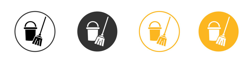 besom with stick and pail icon black and white vector outline sign