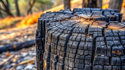 Closeup background of a burned black colored tree with leading lines