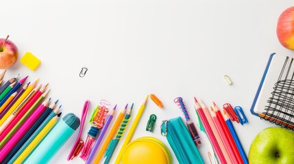 Vibrant and colorful school supplies displayed on a clean white background with ample copy space for educational themes and creative projects

