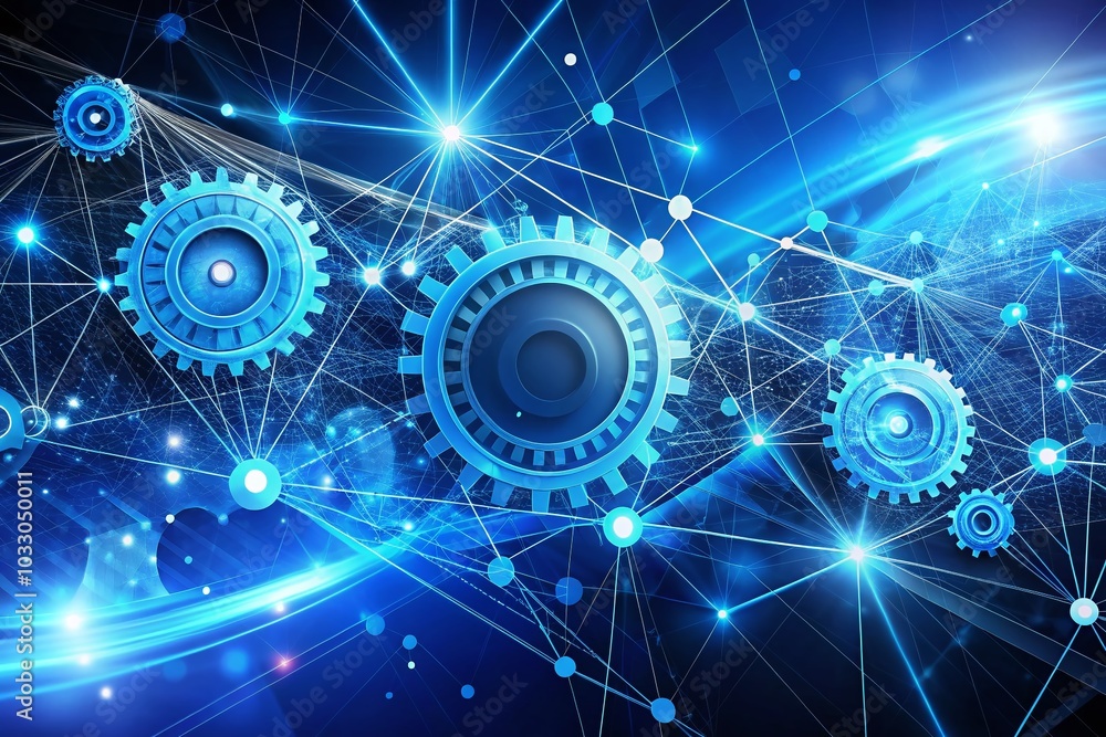 Poster blue technology background with network particles and gears for future concept design