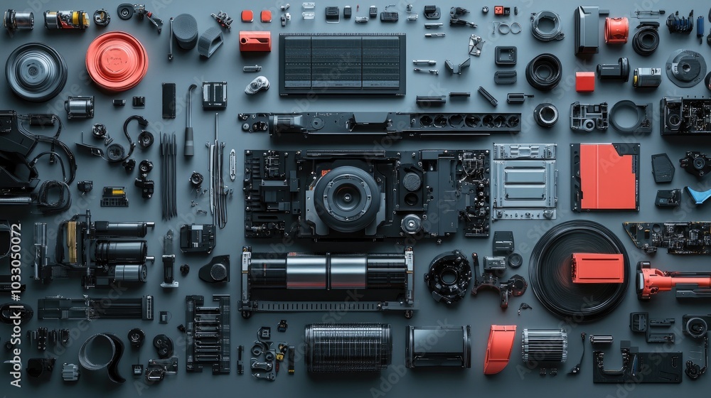 Poster various camera components on gray background