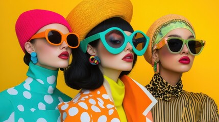 Obraz premium Three women wearing colorful hats and sunglasses.