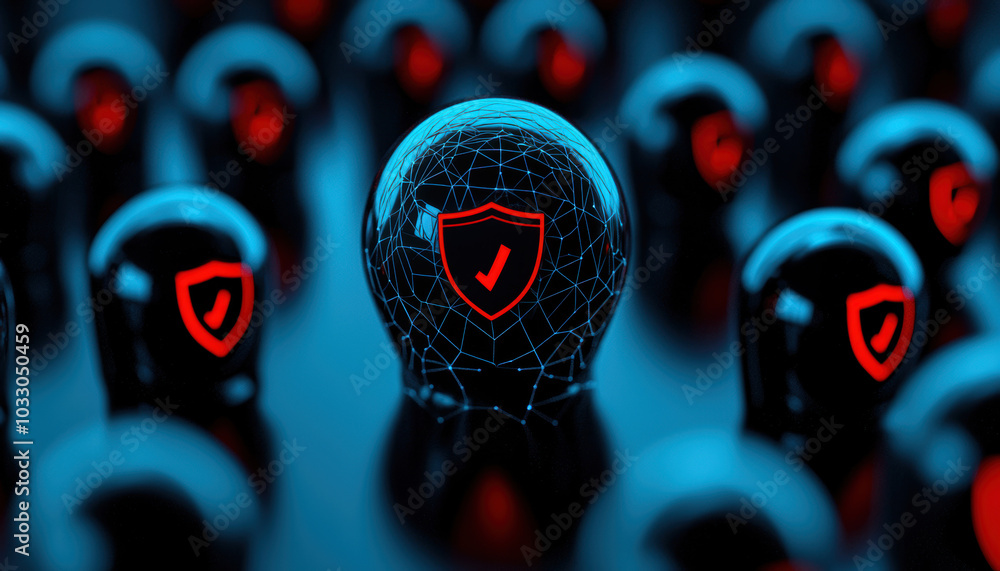 Poster abstract depiction of a digital security concept featuring interconnected spheres, with a highlighte