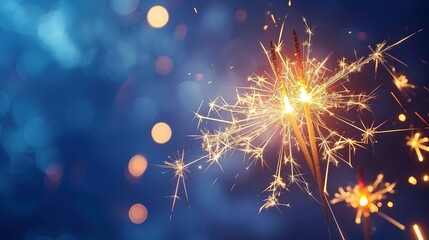 Happy New Year 2025 Celebration: Colorful Fireworks and Sparklers Against a Dark Blue Sky