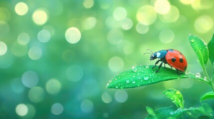 Vibrant Ladybug on Leaf with Dew Drops