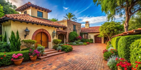Fototapeta premium Brick Driveway to Stunning Spanish Style Home - Urban Exploration Photography