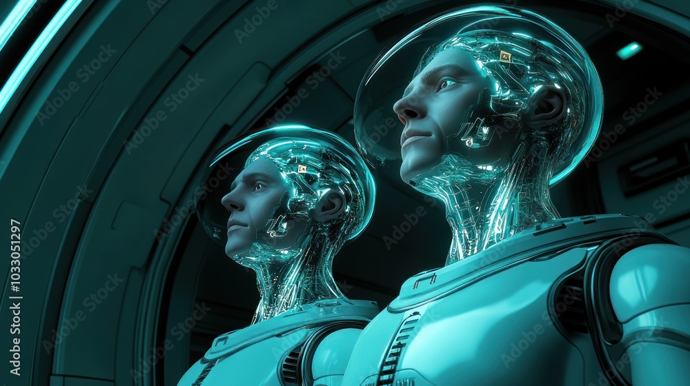 Aufkleber two futuristic humanoids with transparent heads and glowing circuitry