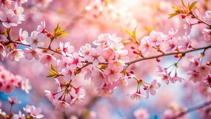 Fototapeta premium Point of View background with blooming cherry tree branch