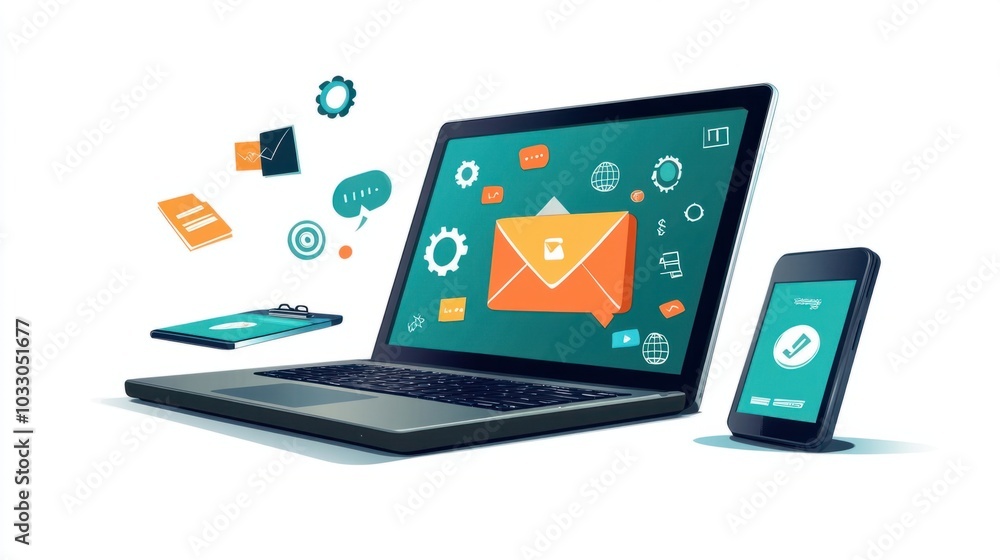 Poster laptop and smartphone side-by-side displaying e-learning platforms, representing flexible online edu