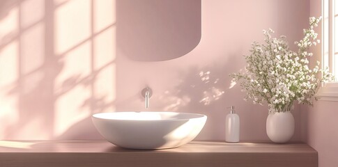 Fototapeta premium Minimalist bathroom interiors with soft pink tones and floral decor. AI generated image