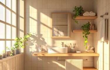 Fototapeta premium Modern and minimalist bathroom interiors with natural light. AI generated image