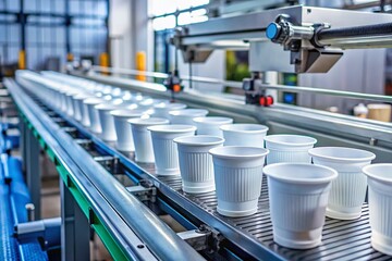 Candid Photography of Conveyor Belt with Stacked Polypropylene Cups in Plastic Cup Manufacturing Process