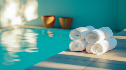 Folded towels by the poolside at an urban spa promoting relaxation and luxury