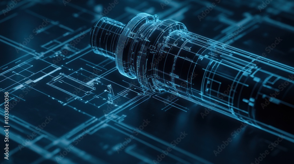 Aufkleber Wireframe of a 3D-Modeled Camera Lens on a Blueprint