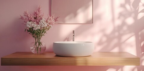 Fototapeta premium Minimalist bathroom interiors with soft pink tones and floral decor. AI generated image