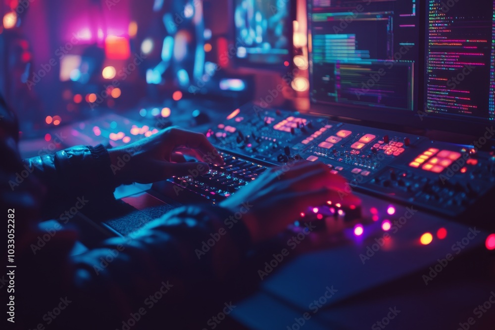 Poster a person's hands are seen working on a computer keyboard in a dark room with colorful lights.