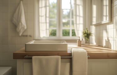 Modern and minimalist bathroom interiors with natural light. AI generated image