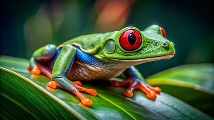 Naklejka premium Captivating Green Frog with Red Eyes on Leaf - Nature's Colorful Wildlife