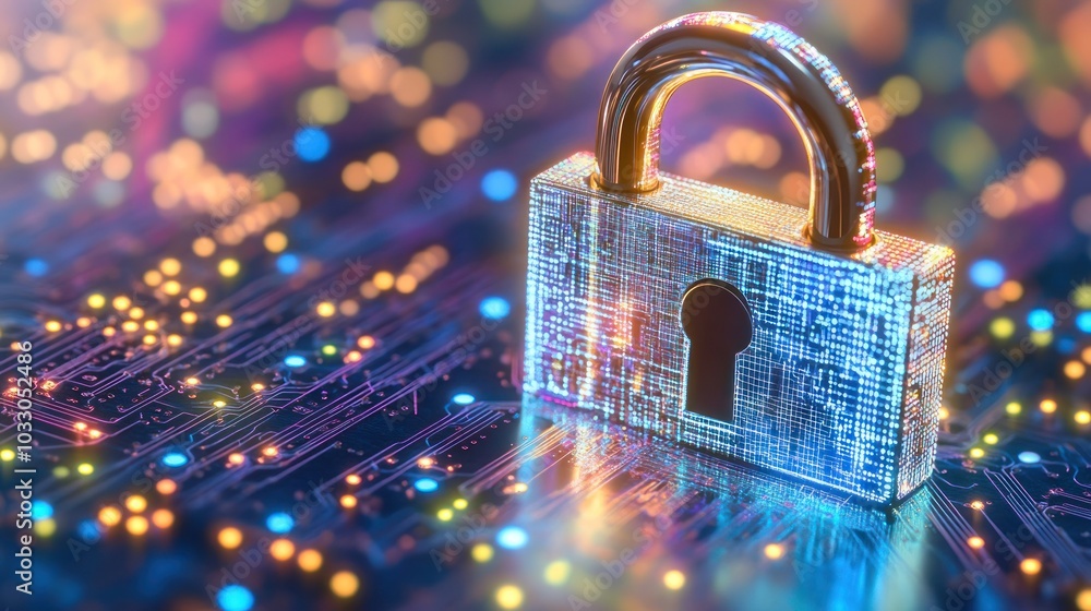 Aufkleber Golden Padlock on a Circuit Board with Bokeh Lights