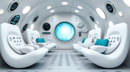 Futuristic Spaceship Interior with White Seats and Blue Window