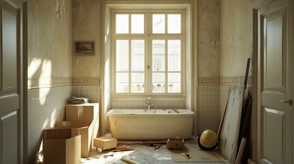 Renovation scenes of old bathrooms with tools and materials. AI generated image
