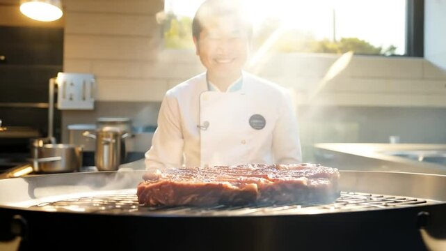 Fried beaf at background of  Professional asian smiling chefs preparing  dish on fire barbeque 