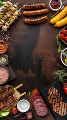 Table with a variety of food items including hot dogs, sausages