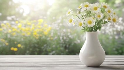 Fototapeta premium A white vase filled with daisies sits on a wooden table with a blurred background of green grass and yellow flowers.