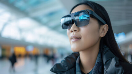 Person using smart glasses to translate a foreign language in real-time. Advanced capabilities of wearable technology and augmented reality for instant language translation and immersive experiences.