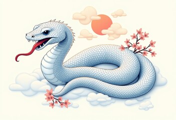 Obraz premium Serene Blue-Tinted White Snake Illustration: A Nature-Inspired Japanese Art Piece with Elegant Curves, Cherry Blossoms, and a Dreamy Pastel Background 