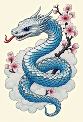 Fototapeta premium Captivating White Snake Artwork: Japanese Style Illustration Featuring Blue Scales, Dark Eyes, Cherry Blossoms, and Elegant Ink Drawing Techniques 