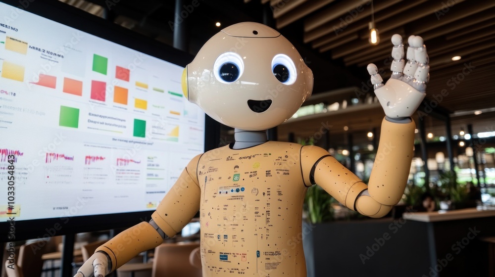 Aufkleber humanoid robot with waving hand in a modern office setting
