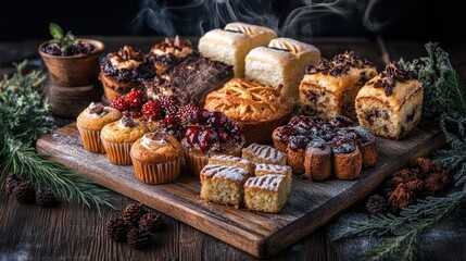 Assorted Baked Goods on Wooden Board with Garnish