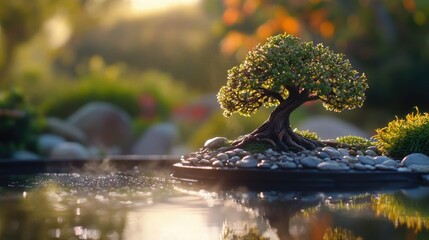 Serene Bonsai Tree in Tranquil Garden Setting