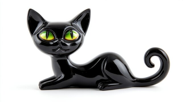 Black cat figurine with arched back and green eyes, classic Halloween symbol, isolated on white background
