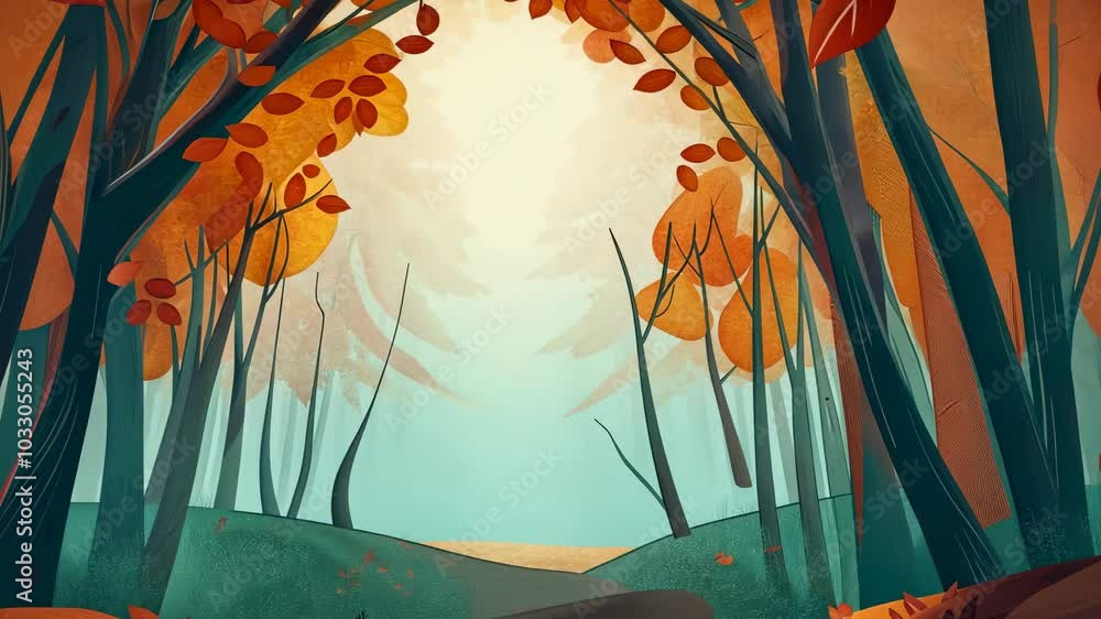 Poster a serene forest scene with vibrant autumn leaves and soft light creating a tranquil atmosphere.