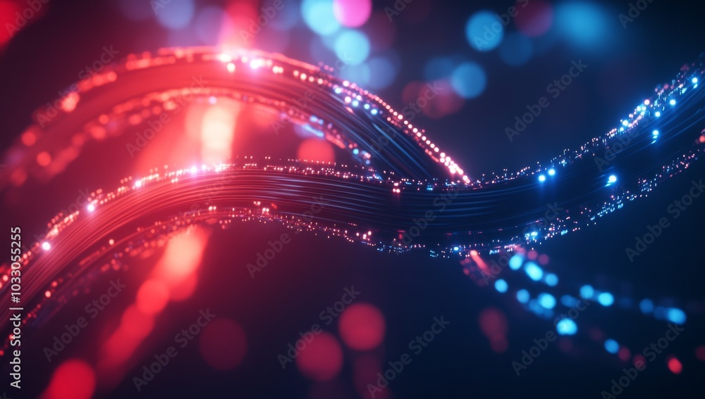 Poster abstract glowing red and blue lines with bokeh effect on dark background.